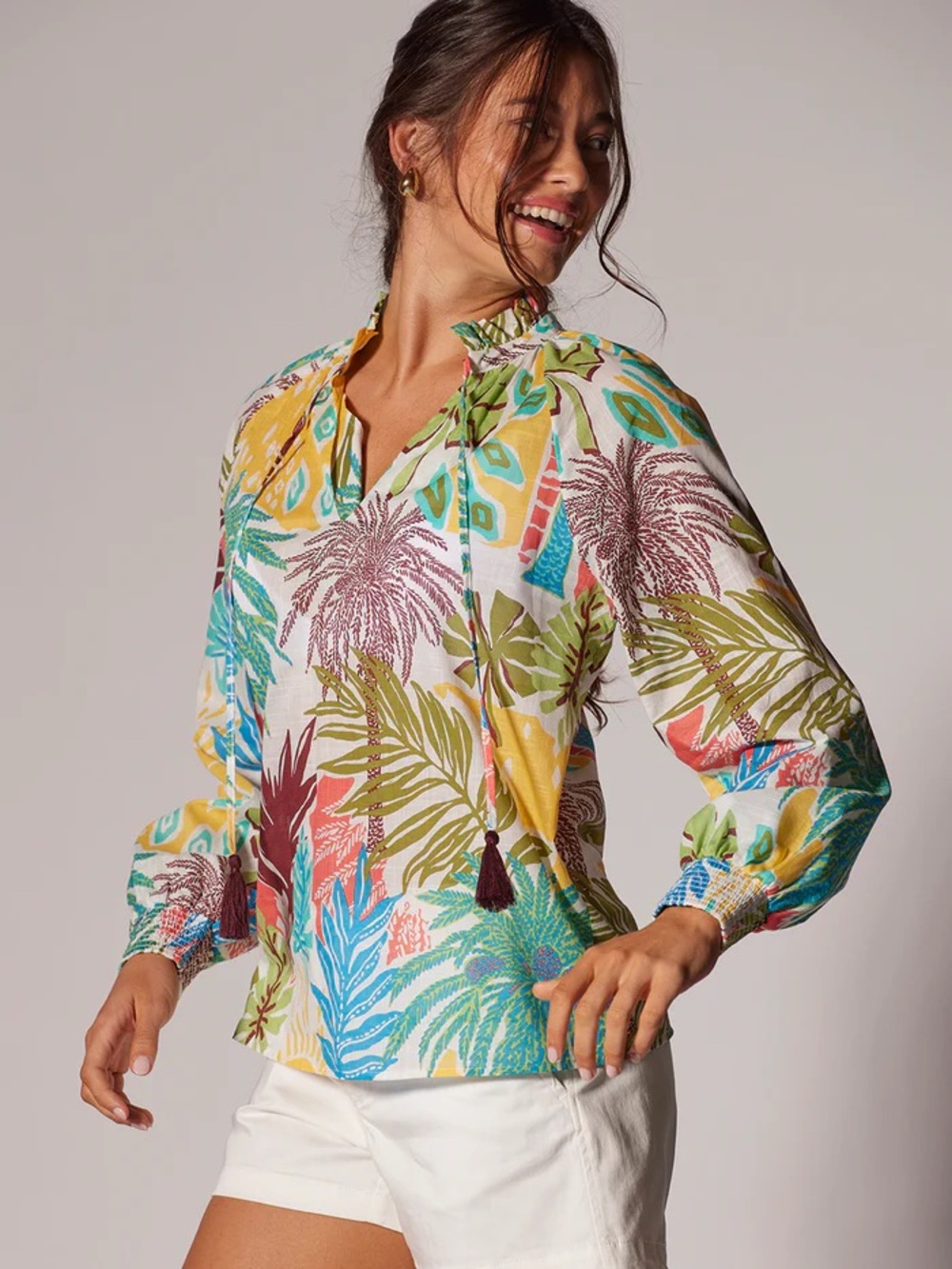 Tori Richard Multi-Color Tropical Tie-Neck Blouse